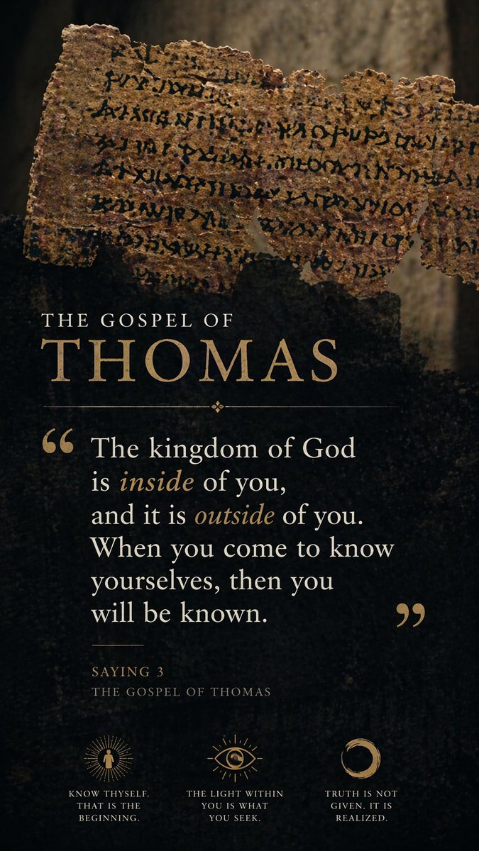 hampstar3's tweet photo. Not a Story, but a Puzzle

The Gospel of Thomas has no narrative. No miracles, no crucifixion, no resurrection. Just sayings.

Some sound familiar:

“Seek and you will find.”

Others are far more enigmatic:

“If you bring forth what is within you, what you have will save you.”

This shift is crucial. The text does not focus on belief in events. It focuses on self-knowledge.

In Thomas, salvation is not about faith in a savior’s sacrifice. It is about understanding your own nature.