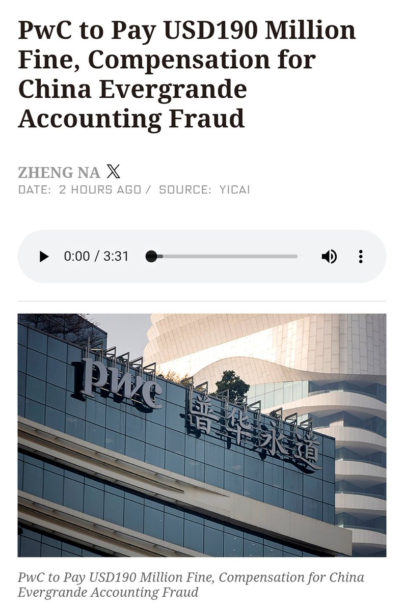 TifaniesweTs's tweet image. PwC to Pay USD190 Million Fine, Compensation for China #Evergrande Accounting Fraud

yicaiglobal.com/news/pwc-to-pa…