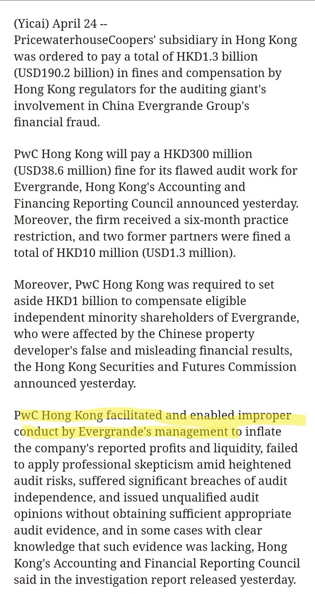 TifaniesweTs's tweet image. PwC to Pay USD190 Million Fine, Compensation for China #Evergrande Accounting Fraud

yicaiglobal.com/news/pwc-to-pa…