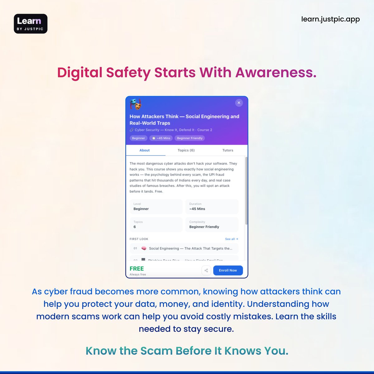 JustPicNetwork's tweet photo. #cybersecurity isn’t just for tech professionals anymore. It’s a life #skill everyone needs.

Stay informed. Stay alert. Stay protected.
https://t.co/WCWiKyspIX

#LearnByJustPic #LearningPlatform #Elearning #Knowledge #CyberSecurity https://t.co/qpfKrM795L