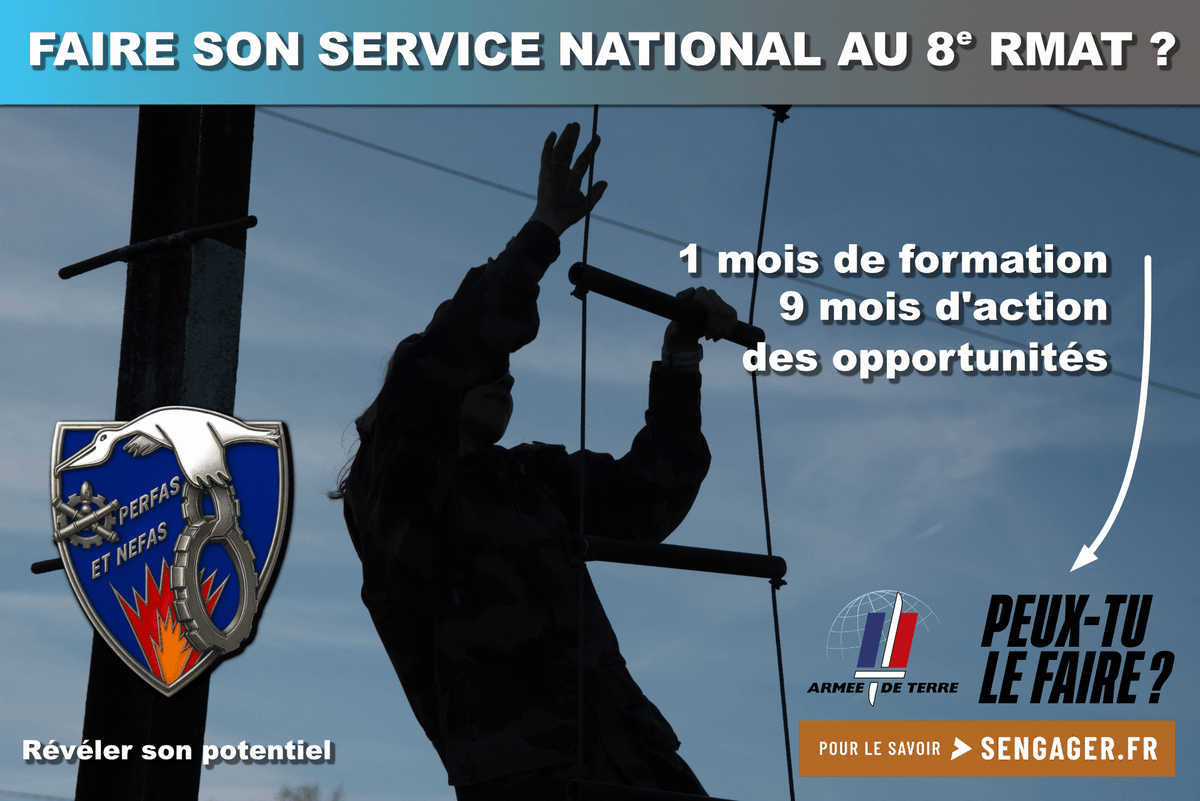 8eRMAT's tweet photo. Vous souhaitez faire votre service national ?
Le 8e RMAT vous accueille dans le monde de la maintenance.🤝🔧⚙️
Vous vous posez des question ? les réponses sont ici : https://t.co/wpqoAXFbRi et dans vos CIRFA...
#servicenational #bmaint #8rmat #maintenance https://t.co/NM1bJIAN3r