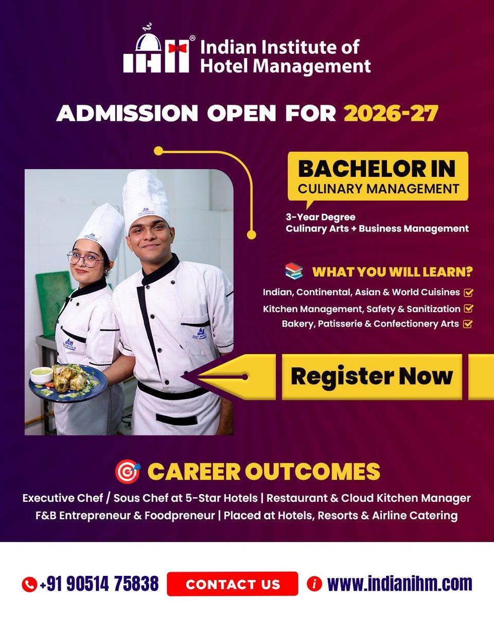 Indianihm's tweet image. Get the perfect blend of 𝐂𝐮𝐥𝐢𝐧𝐚𝐫𝐲 𝐀𝐫𝐭𝐬 𝐚𝐧𝐝 𝐁𝐮𝐬𝐢𝐧𝐞𝐬𝐬 𝐌𝐚𝐧𝐚𝐠𝐞𝐦𝐞𝐧𝐭 with our 3-year Bachelor's degree. We prepare you to lead commercial kitchens, 5-star restaurants, and luxury resorts globally.

#IndianIHM #CulinaryArts #ChefLife #FutureChef