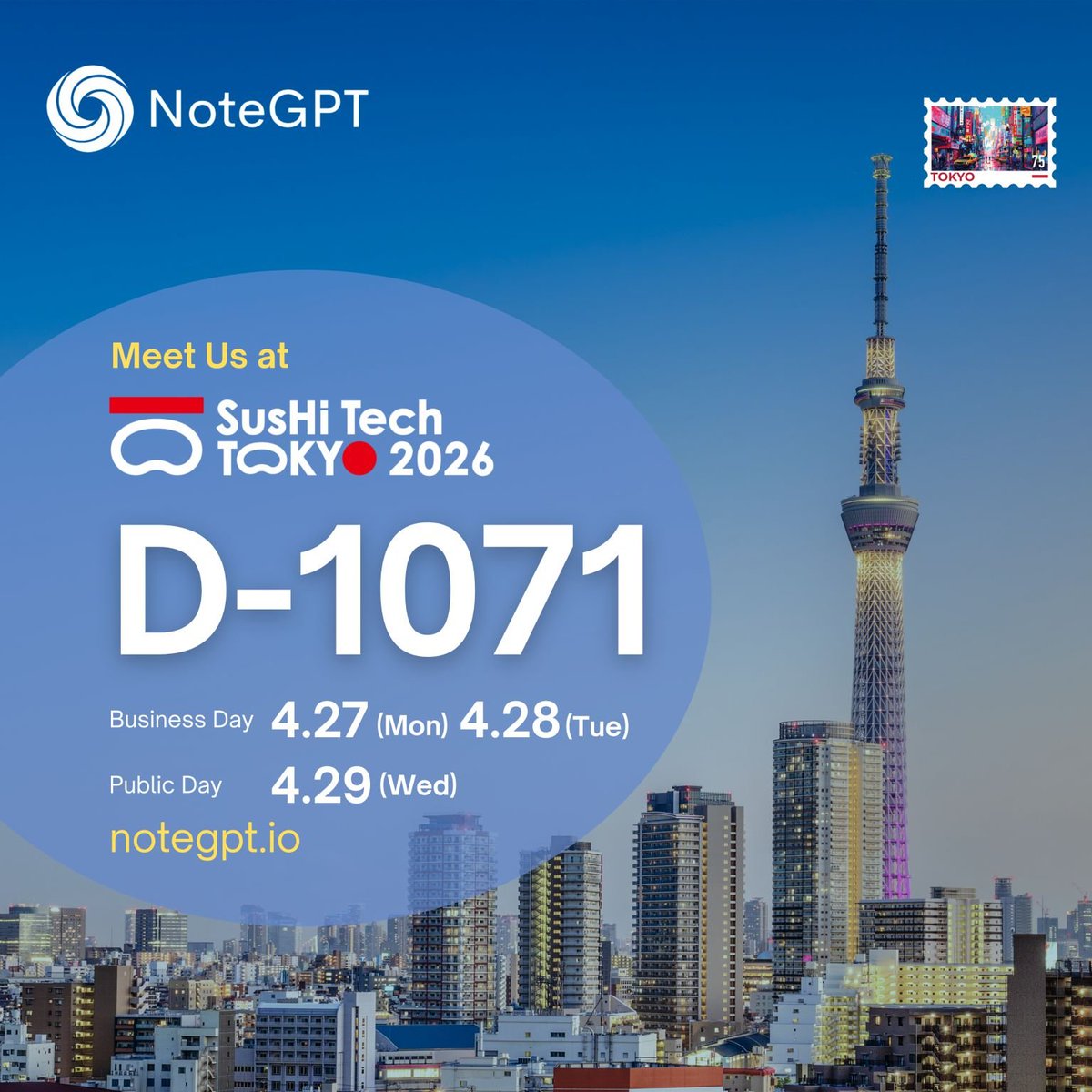 NoteGPT_AINote's tweet photo. Next Stop: Tokyo! Meet NoteGPT at SusHi Tech 2026 🇯🇵✨

The countdown is on! NoteGPT is landing at Tokyo Big Sight in just a few days. We are ready to help you stop the manual grind and start scaling smarter.

📍 FIND US HERE:

Venue: Tokyo Big Sight, West Exhibition Hall 1-4

Booth: D-1071

Date: April 27(Mon) – 29(Wed), 2026

Address: 3-11-1 Ariake, Koto-ku, Tokyo

🎁 WHY VISIT BOOTH D-1071?

Exclusive Hands-On Demo: Experience our latest AI-driven ecosystem. Learn how to transform hours of video and documents into actionable insights in seconds.

Limited Edition Swag: Grab your exclusive NoteGPT "Efficiency Kit". We’ve prepared these specifically for our visitors, but they are first-come, first-served! 🏃‍♂️💨

🎯 RESERVE YOUR TIME
Want to skip the line and get a dedicated 1-on-1 walkthrough?
📥 DM me "MEET" right now to reserve a priority demo slot, or simply leave a comment below and I'll reach out!

Let’s grab a coffee and discuss how NoteGPT can supercharge your 2026 goals. See you in the heart of Tokyo! 🚀

#NoteGPT #SusHiTechTokyo #AIProductivity #FutureOfWork #TokyoTech #StartupLife #Networking
