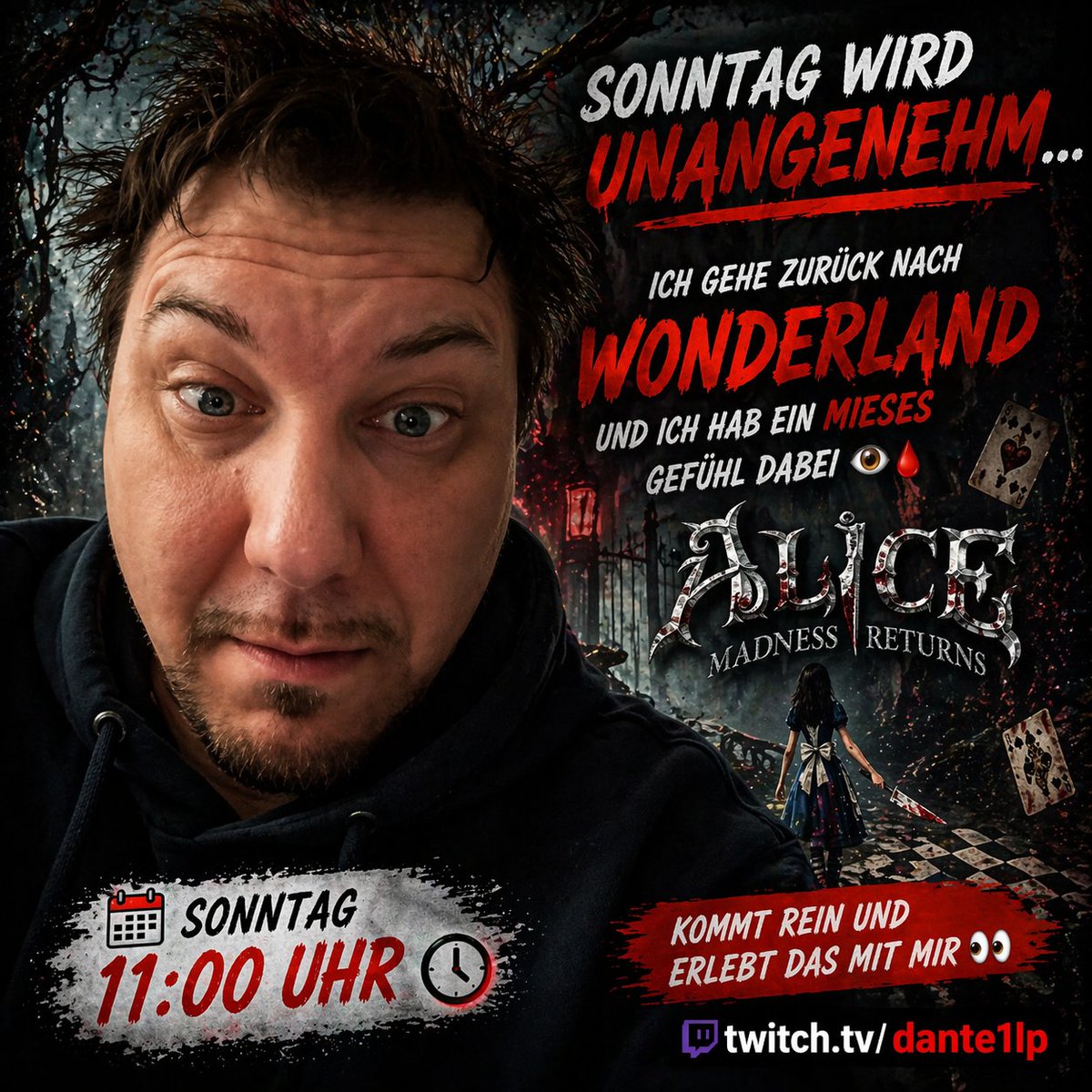 Dante1LP's tweet image. 🚨 Ich glaube, das war ein Fehler… 🚨
Sonntag gehe ich zurück nach Wonderland
und das sieht alles andere als gesund aus 👁️🩸
👉 Alice: Madness Returns
🕒 Sonntag • 11:00 Uhr
🎮 twitch.tv/dante1lp
👀 Komm rein… wenn du dich traust

#alice #madnessreturns #horror #gaming