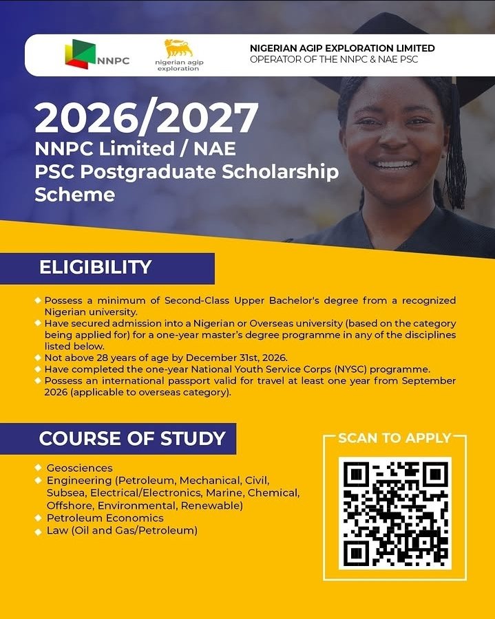 tohire_ng's tweet photo. NNPC & NAE PSC 2026/2027 POSTGRADUATE SCHOLARSHIP AWARD SCHEME

The award is in two categories: 
1. Overseas – For study in a reputable overseas university
2. Local – For study in a recognized Nigerian university

Applicants MUST:
●Possess a minimum of Second-Class Upper Bachelor's degree from a recognized Nigerian university.
●Have secured admission into a Nigerian or Overseas university (based on the category being applied for) for a one-year master’s degree programme in any of the disciplines listed below.
●Not above 28 years of age by December 31st, 2026.
●Have completed the one-year National Youth Service Corps (NYSC) programme.
●Possess an international passport valid for travel at least one year from September 2026 (applicable to overseas category).

Apply 👇 
https://t.co/bROJdCygQc

Applications should be submitted on or before the 7th of May 2026.