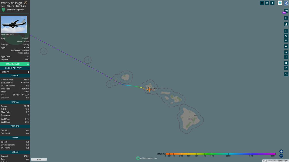 AIYeyENGDdJkjTr's tweet image. Apr. 8, 2026
#Okinawa Kadena Air Base #Tokyo Yokota Air Base ==&amp;gt; #Joint Base Pearl Harbor-Hickam, Honolulu 

#NoCALLSIGN #AE04F5 USAF KC-135T Stratotanker