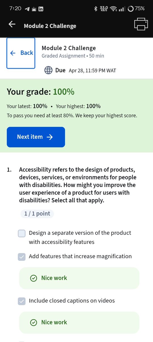 Hanee12345678's tweet photo. Day 3 ✅ Module 2 complete, 100% on every assignment again.
Today: inclusive design, accessibility, assistive technology &amp; designing for real users across platforms.
Grateful to be learning through @MMCollectivee × @Google
#GoogleUXDesign  #UXDesign #GrowWithGoogle https://t.co/JicJ2JzvpO