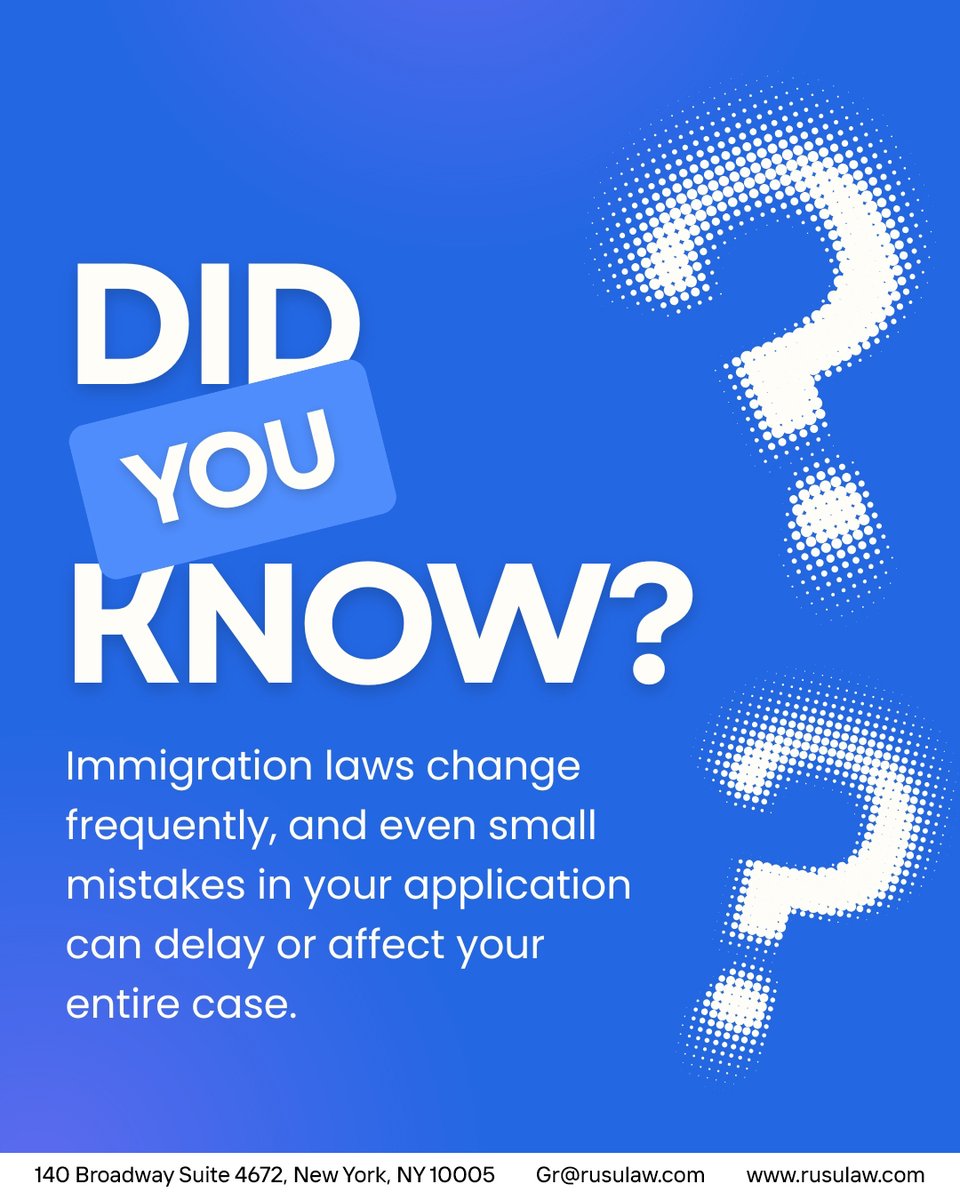 Ghenadi53943617's tweet image. Did you know? ⚖️

Immigration laws change frequently—and even small mistakes in your application can cause delays or impact your entire case.

#ImmigrationHelp #KnowTheFacts #LegalSupport #ImmigrationLaw #AvoidMistakes #ConsultationAvailable