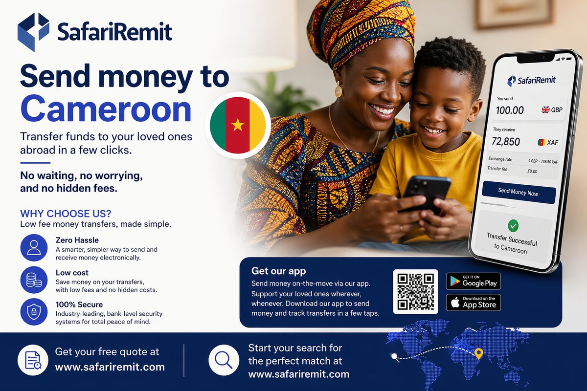 SafariRemit's tweet image. 💸 Send money to Cameroon fast with SafariRemit! Low fees, secure transfers &amp;amp; no hidden costs 🌍🇨🇲 #SafariRemit #MoneyTransfer