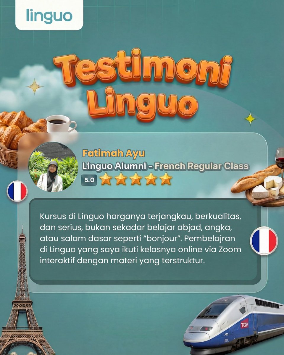 Seperti yang dirasakan Kak Fatimah, belajar di Linguo bukan cuma soal kosakata dasar, tapi juga dibimbing dengan materi yang terstruktur, interaktif, dan mudah diikuti meskipun kelas berlangsung online via Zoom 💻📚

Dengan harga yang terjangkau, kamu tetap bisa merasakan