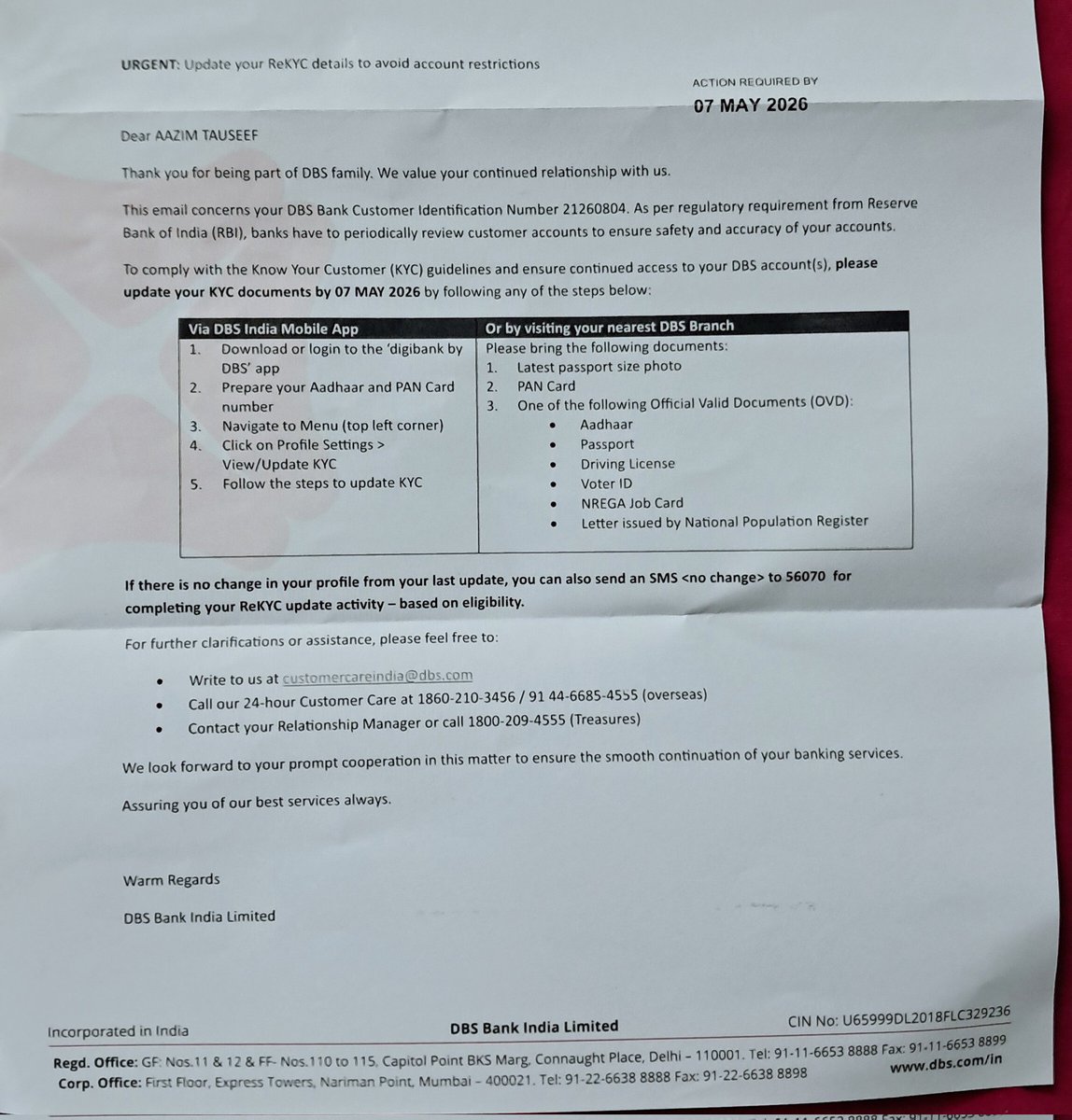 aazim_tauseef's tweet photo. One month ago your team said that my account is already deleted. Today received a post that I need to do KYC but how ? Unable to login on App. Don't think @digibank team is aligned within the organisation 🙏 https://t.co/peksyo90Ft