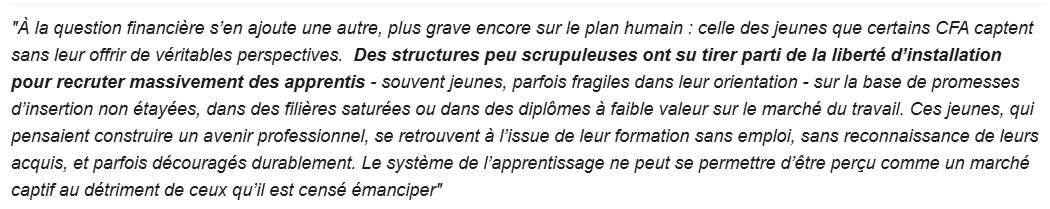 BOUM !!!
Le marché de l'apprentissage descendu en flammes par un sénateur qui a voté la loi !!
"Des structures peu scrupuleuses ont su tirer parti de la liberté d’installation pour recruter massivement des apprentis sur la base de promesses d’insertion non étayées."
<a href="/AlterEco_/">Alternatives Economiques</a> ⤵️