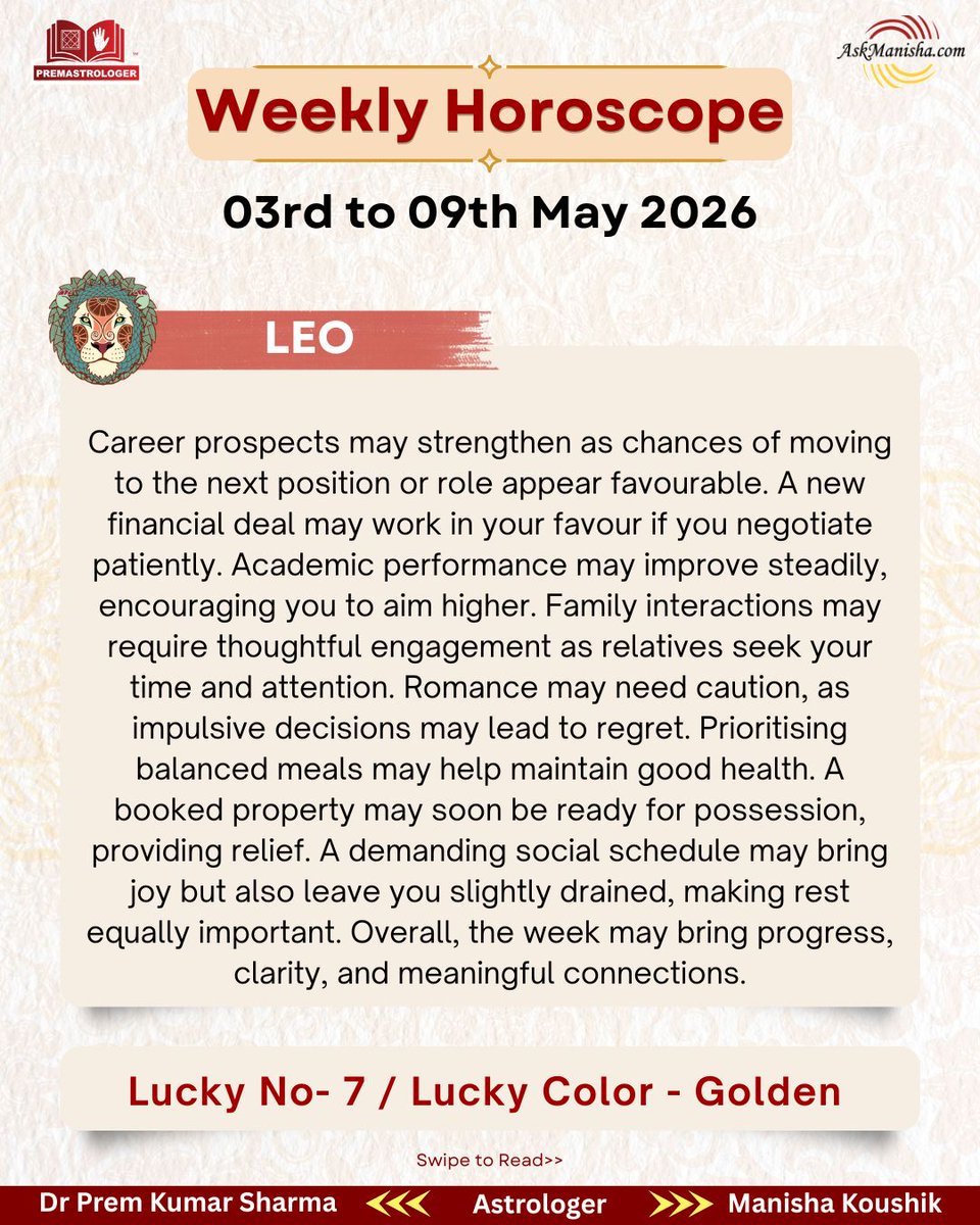 premastrologer's tweet image. Weekly Horoscope 3rd to 9th May '2026
#Leo #Virgo#Libra #Scorpio # weeklyhoroscope

To check your sign pls click the link below: premastrologer.com
For personal consultation at +919216141456