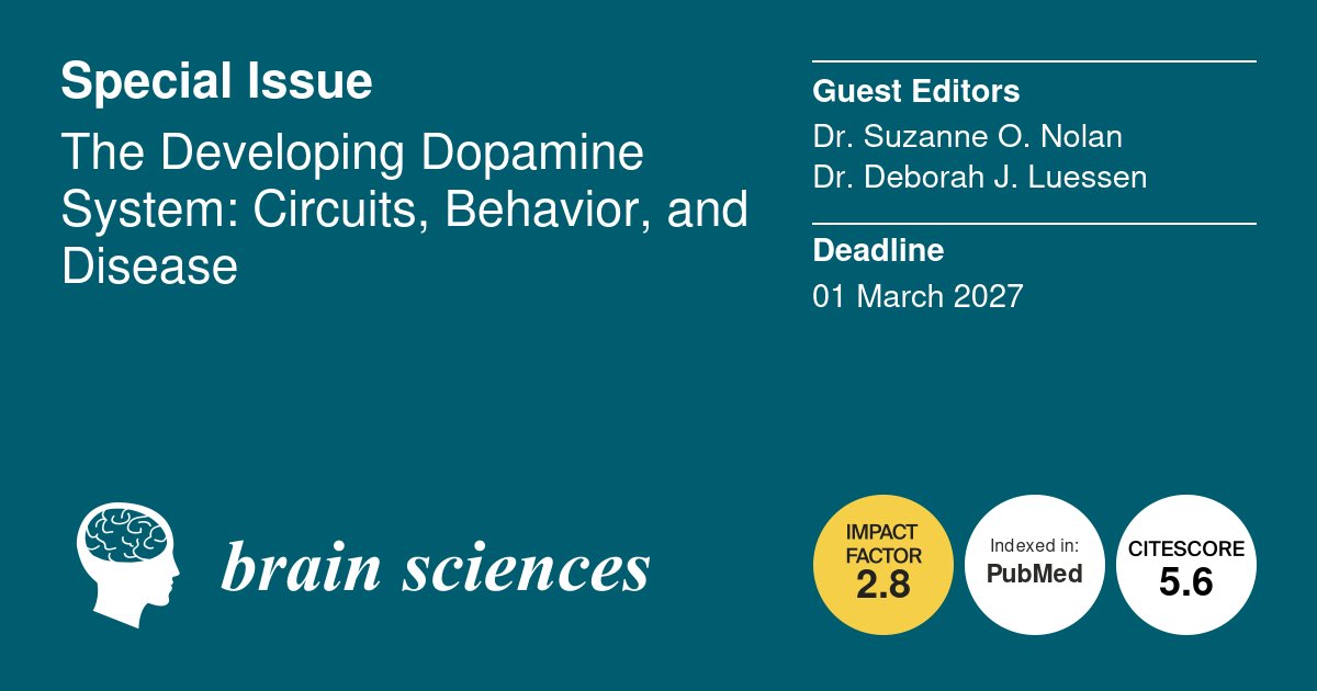 BrainSci_MDPI's tweet image. 🧠 #mdpibrainsci SI in section "#Molecular and #Cellular #Neuroscience" is open for submissions!

📢 The Developing #Dopamine #System: Circuits, Behavior, and Disease

🔗 brnw.ch/21x1T3U

@MDPIOpenAccess @Scilit_ @MediPharma_MDPI #brain #neuroscience #neuropsychiatry