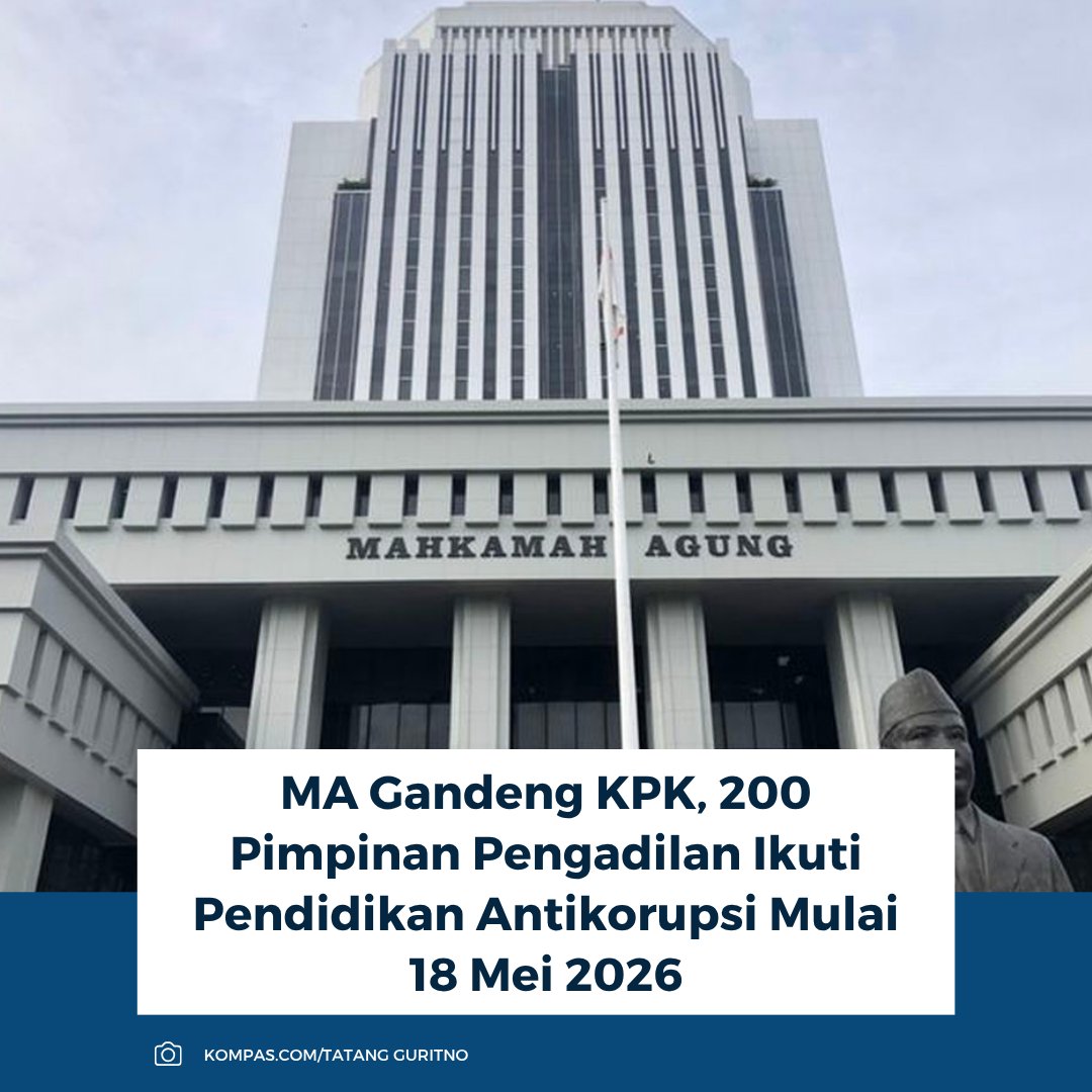 kompascom's tweet image. MA gandeng KPK melatih 200 pimpinan pengadilan mulai 18 Mei 2026. Program sepekan berisi materi integritas dan transparansi.

Baca selengkapnya: nasional.kompas.com/read/2026/04/2…

~RK #MA #KPK #pengadilan