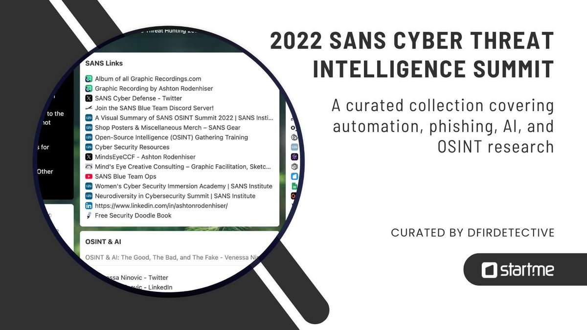 startme's tweet image. A useful way to revisit key CTI ideas from the SANS Cyber Threat Intelligence Summit 2022 - all in one place. If you work in threat intel, wouldn’t it help to keep summit resources easy to return to? start.me/p/6rnyLp/sans-…
 #CTI #ThreatIntel