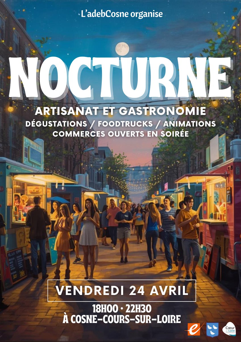 adebCosne's tweet photo. LA NOCTURNE REVIENT À COSNE CE SOIR !

Vendredi 24 avril 2026, de 18h à 22h30. 

Cette année, l’événement se concentre uniquement sur le Boulevard de la République. Commerces, musique, animations… tout est réuni pour faire de cette soirée un moment convivial et fédérateur. https://t.co/WJkILGH5u9