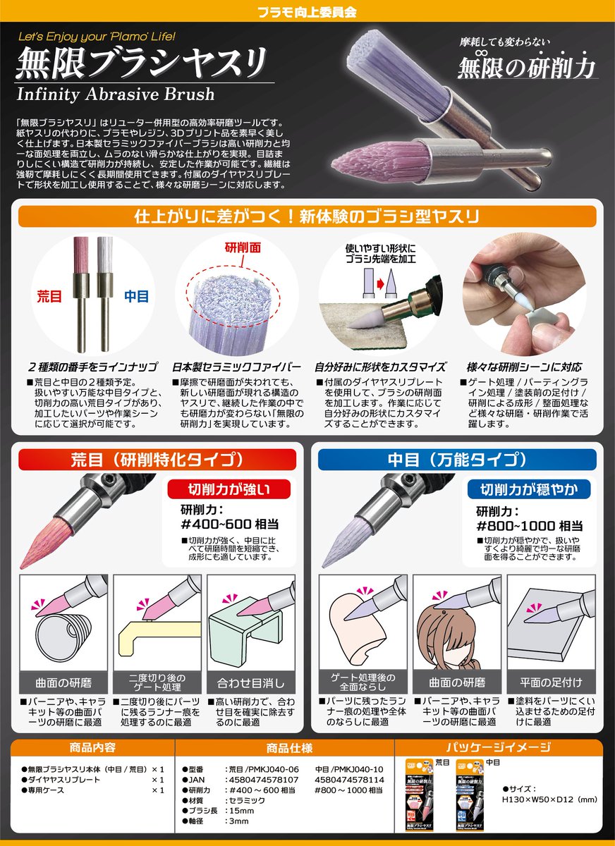 【新商品情報】

────摩耗しても変わらない、無限の研削力。

♾無限ブラシヤスリ　発売決定♾

「無限ブラシヤスリ」はリューター併用型の高効率研磨ツールです！
紙ヤスリの代わりに、プラモやレジン、3Dプリント品を素早く美しく仕上げることができます✨✨