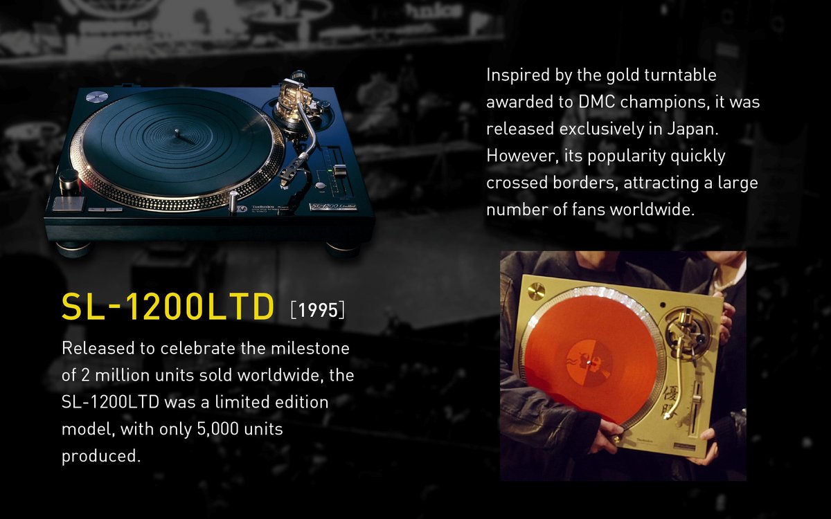 technics's tweet image. History of Vinyl DJ #6

As musicality took centre stage in DMC battles, a new kind of DJ artistry began to take shape — turntablism.

Meanwhile, Technics released the special-edition SL-1200LTD to mark 2 million turntables sold worldwide.

#Technics #SL1200LTD #DMC #Turntablism