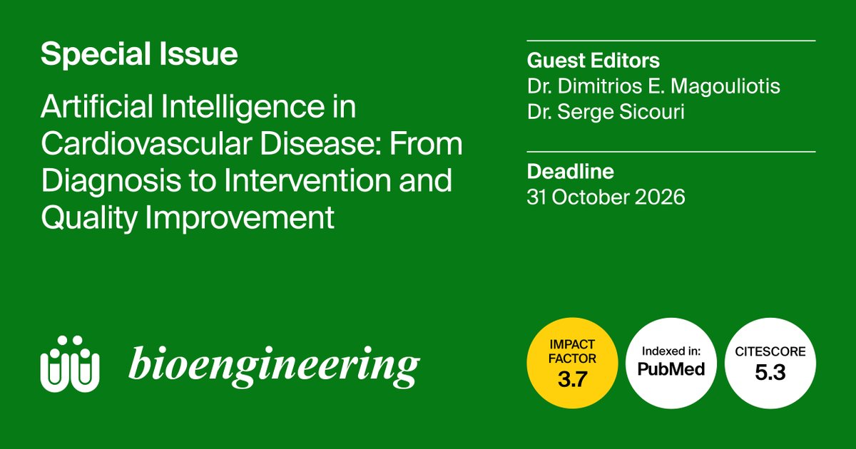 Bioeng_MDPI's tweet image. ❤️ "Artificial Intelligence in Cardiovascular Disease: From Diagnosis to Intervention and Quality Improvement" is open for submissions!

🕑 Deadline: 31 October 2026

🎉 Submit your research now!

🔗 brnw.ch/21x1T3A
#PredictiveModeling #QualityImprovement