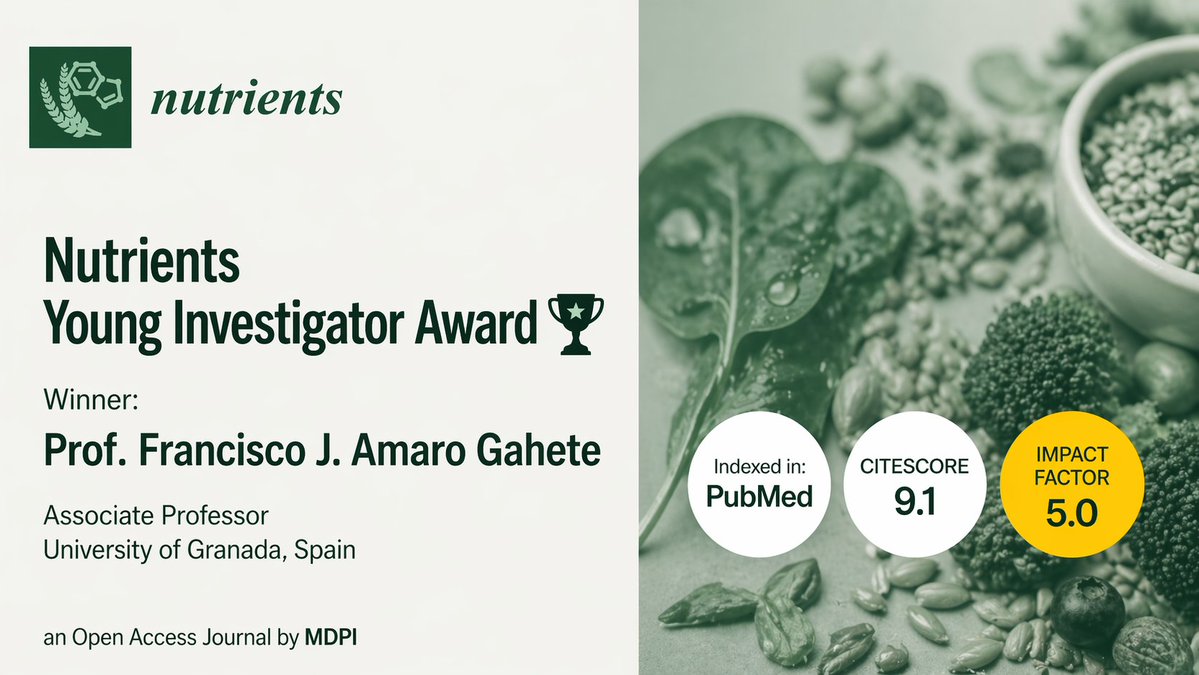 Nutrients_MDPI's tweet image. 🌟 Award Spotlight 🌟

Francisco J. Amaro Gahete (@amarogahetefj), winner of the Nutrients Young Investigator Award, shares insights on lifestyle medicine and metabolic health
📖 Read his Interview: brnw.ch/21x1T3N

#Nutrients #ClinicalNutrition