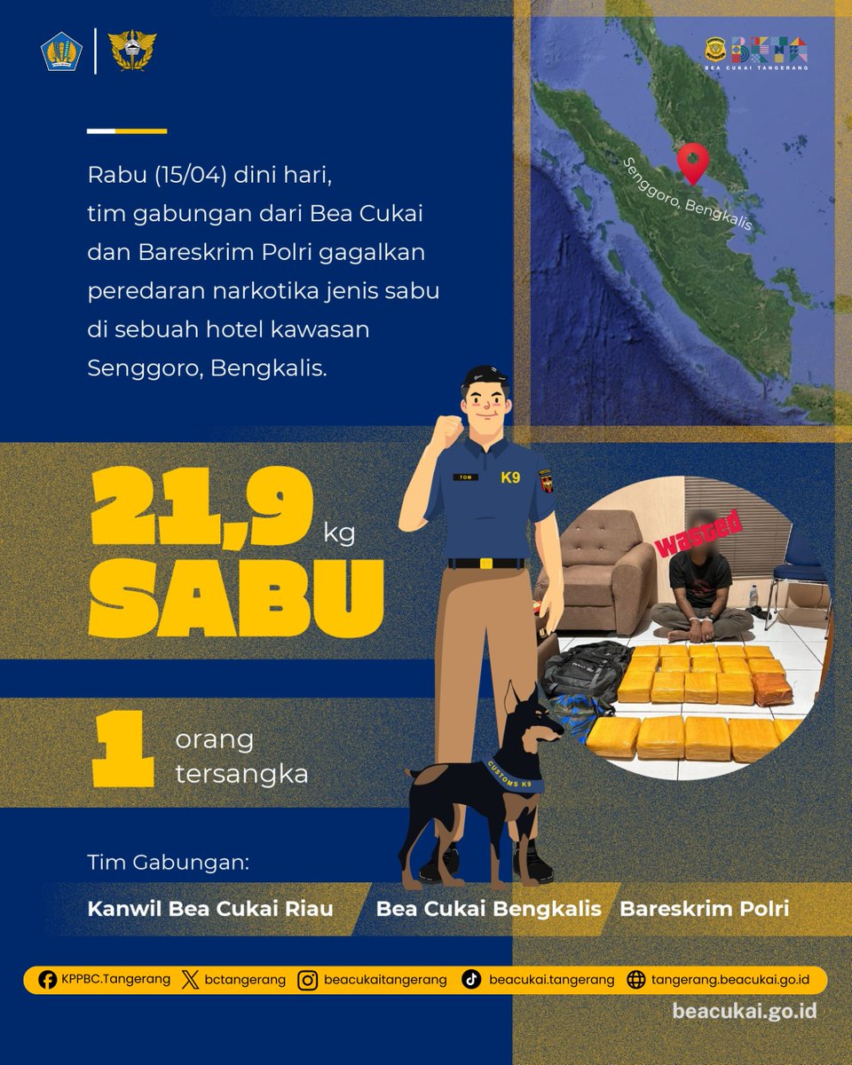 bctangerang's tweet photo. Ratusan ribu jiwa terselamatkan dari bahaya narkoba!🚨

​Tim gabungan Bea Cukai dan Bareskrim Polri kembali menggagalkan peredaran 21,9 kg narkotika jenis sabu di sebuah hotel kawasan Senggoro, Bengkalis pada Rabu (15/04) dini hari. https://t.co/40cfQbh4bq