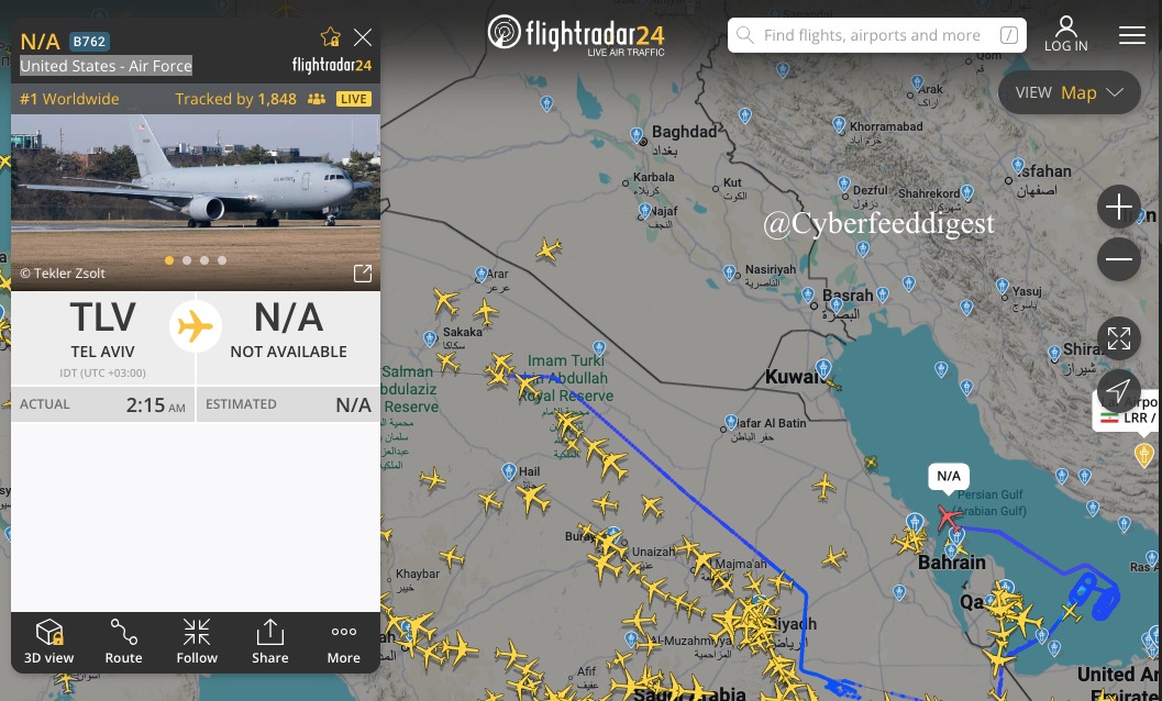 cyberfeeddigest's tweet image. #UnitedStates - Air Force
Aircraft IATA/ICAO type code:B762
Departured from #TelAviv 
Spotted flying over #PersianGulf

#ISRAEL #US #IRAN