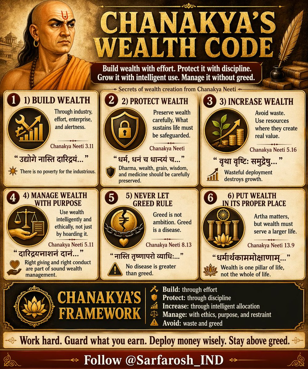 🚨 Chanakya’s wealth formula was not “get rich fast.”

It was this WEALTH FRAMEWORK:

BUILD wealth with EFFORT &amp; DHARMA.  
PROTECT it with DISCIPLINE.  
GROW it with intelligent USE.  
MANAGE it without greed.

That is how wealth survives. That is how wealth compounds.

1) Build