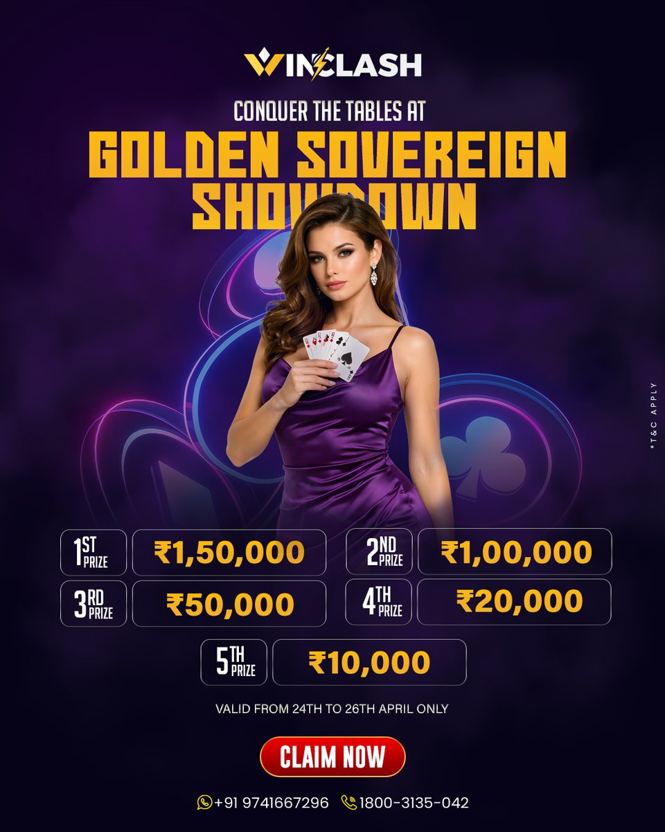 Winclashonline's tweet image. Ready to become gaming royalty? 

Conquer the tables at Winclash’s Golden Sovereign Showdown! 

This limited-time event (April 24th-26th) offers massive cash prizes.

Show us your best hand and claim your prize now! 

Link in bio. 💰🏆

#Winclash #Poker #OnlineGaming
