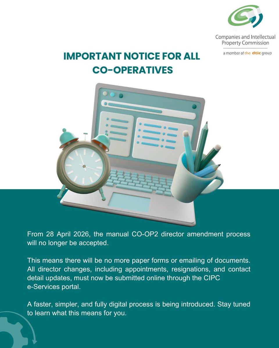 ThamiBusiness's tweet photo. As from the 28th of April 2026, the CIPC is automating Co-operative Director Amendments. https://t.co/z5Odj00D3R