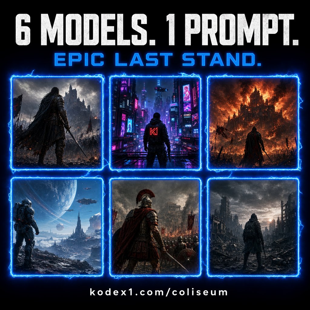 Kodex1dotcom's tweet image. 6 AI models, 6 completely different takes on "Epic Last Stand."

What would YOUR interpretation look like?

3 days left to enter. 20+ seconds, any AI tool. $50 to the winning video.

kodex1.com/coliseum #ai #aivideo #AIeverywhere