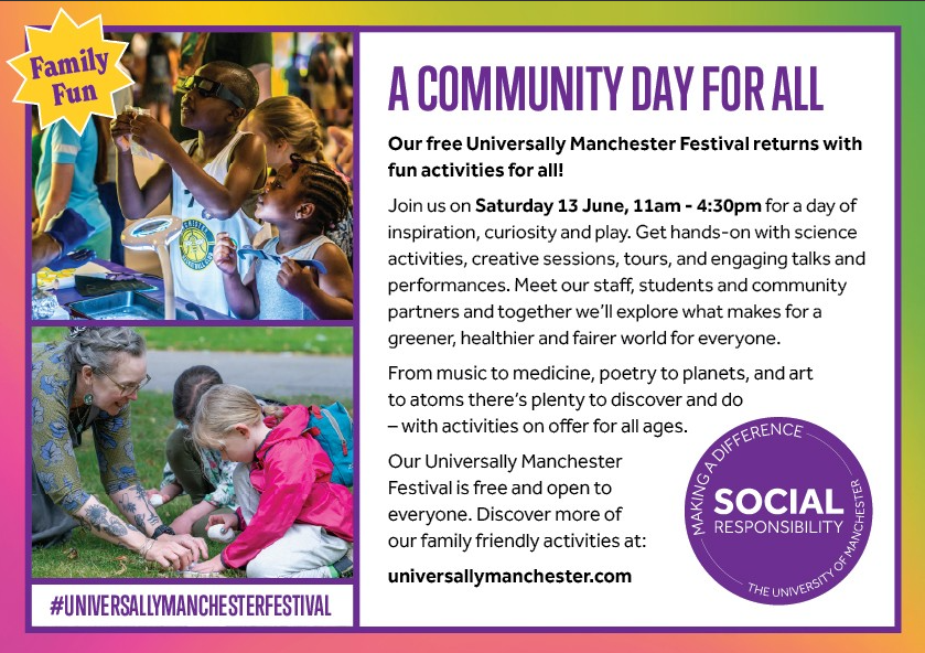 HarrytownSchool's tweet photo. We’re excited to invite you and your families to our annual Universally Manchester Festival. This free event will be held at The University of Manchester, on Saturday 13 June 2026, 11am-4:30pm. Discover our full programme of activities at https://t.co/ng6iBYldqe https://t.co/LdmfGUS2aC