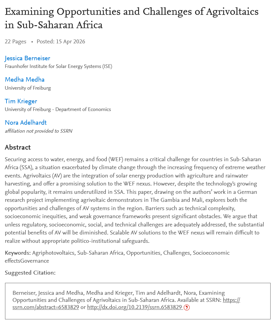 TimKriegerFR's tweet photo. Can #agrivoltaics (#APV) help address Sub-Saharan Africa’s water-energy-food challenges?
Our new preprint shows that the technology is promising but that its success depends on local capacity-building, fair benefit-sharing, and robust governance.
Link: https://t.co/i5C1D8ungh https://t.co/AorWbqlIQR