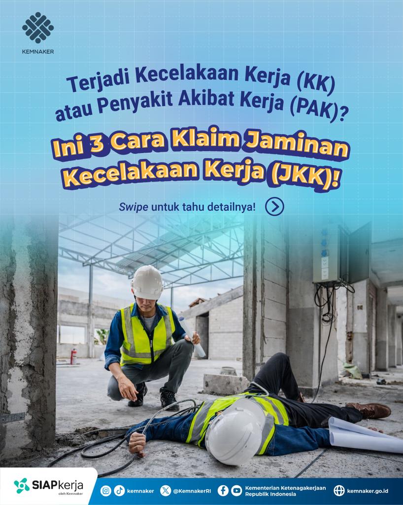 KemnakerRI's tweet photo. Kecelakaan Kerja (KK) dan Penyakit Akibat Kerja (PAK) bisa terjadi kapan saja.
Kalau mengalaminya, Rekanaker berhak atas manfaat JKK.
Minaker spill cara klaimnya biar nggak bingung ๐
#Kemnaker #JaminanKecelakaanKerja #JKK https://t.co/MzrEdt95xW