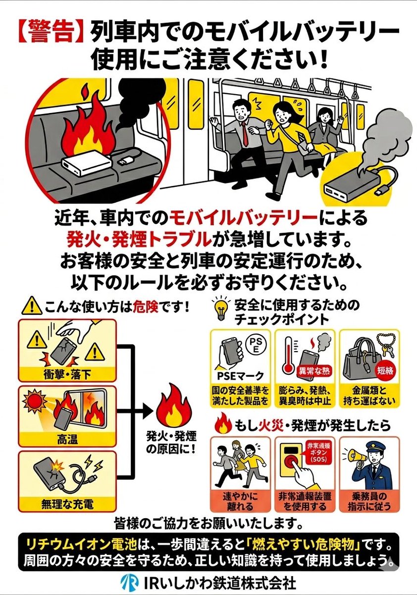 列車内でのモバイルバッテリー使用にご注意ください🚃⚠️

近年、モバイルバッテリーによる発火・発煙トラブルが増加しています。

安全・安心なご利用のため、
ルールを守ってご利用ください☝️