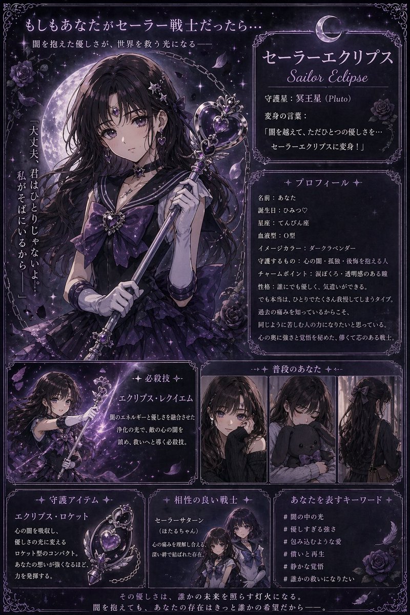__amagoi's tweet photo. 流行りのやつ🌙
私のイメージでセーラー戦士にしてくれた！武器が可愛いよ🖤💜 https://t.co/aKjE0CtwnD