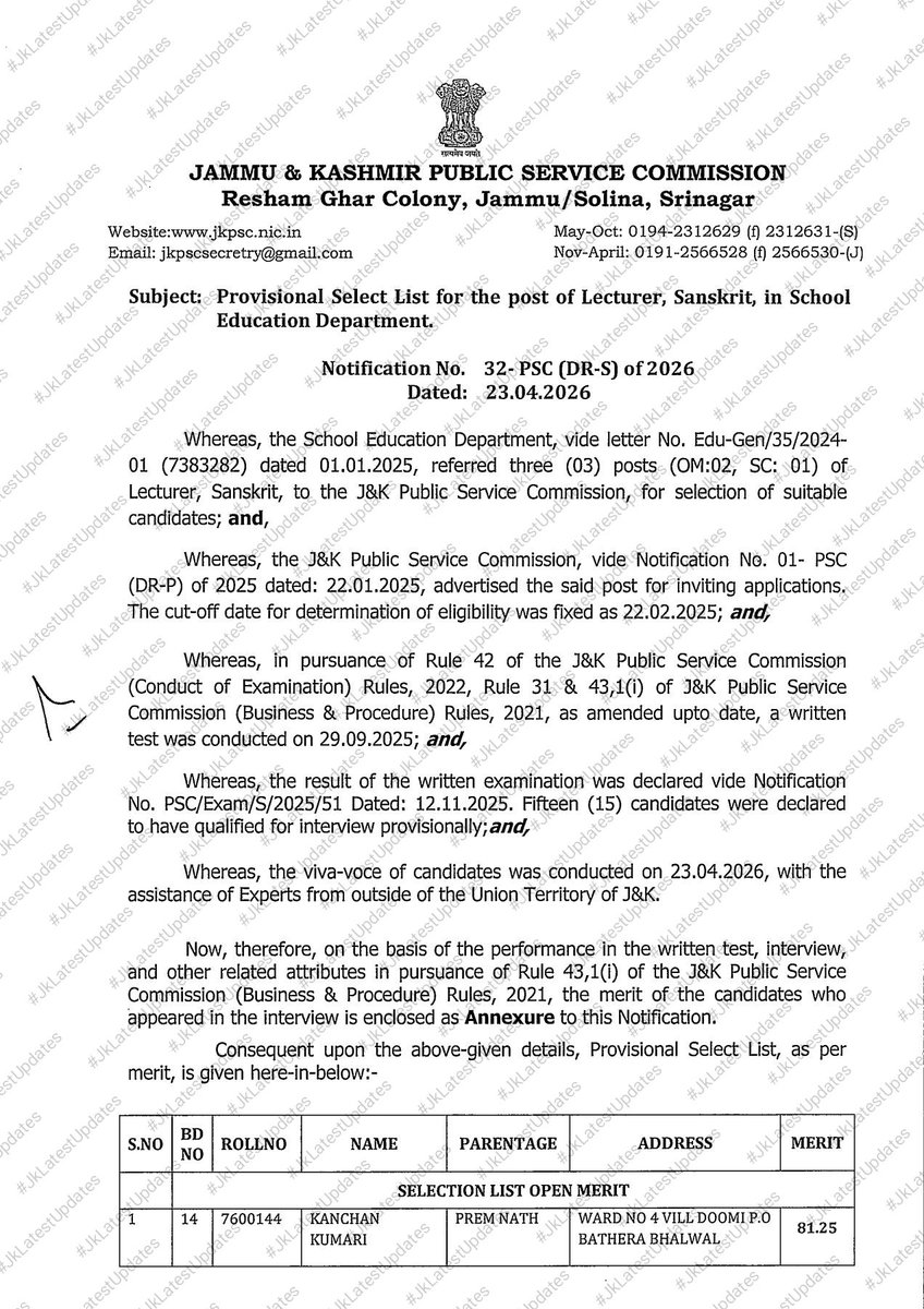 JkLatestUpdates's tweet image. [J&amp;amp;K PSC ]
.
.
&amp;gt;&amp;gt; Provisional Selection list for the post of Lecturer SANSKRIT in School Education Department  . #JkLatestUpdates
.
.
&amp;gt; [SHARE IT] + #Lecturer #Sanskrit #JKPSC  @diprjk @infjammu @SchoolEdujkut @sakinaitoo