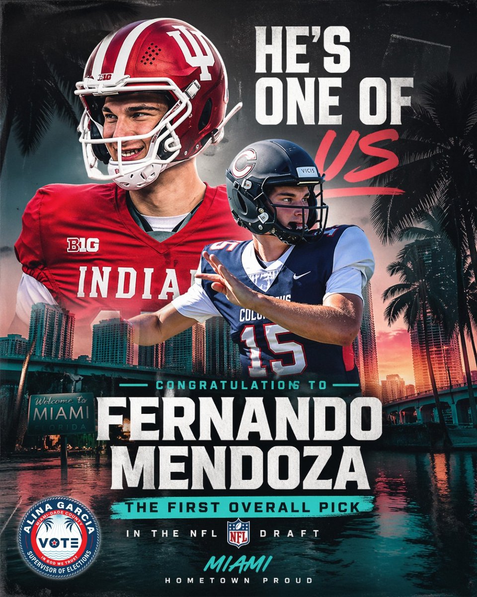 VoteMiamiDade's tweet photo. Hometown pride on full display 🏈🔥
Congratulations to Fernando Mendoza on being selected 1st overall in the NFL Draft by the Las Vegas Raiders! From Miami to the national stage, your hard work and dedication continue to inspire our community.
He’s one of us. 🌴💪 #MiamiProud https://t.co/hom24O94II