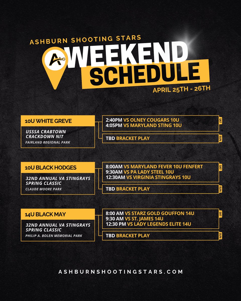 ShootingStarsFP's tweet photo. The next round of games is set for our Shooting Stars. Teams are gearing up for another weekend of tournament play and ready to take the field. Check out where they’ll be competing. ⭐️🖤 https://t.co/Fmlcahh5mR