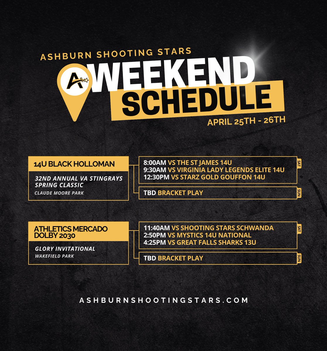 ShootingStarsFP's tweet photo. The next round of games is set for our Shooting Stars. Teams are gearing up for another weekend of tournament play and ready to take the field. Check out where they’ll be competing. ⭐️🖤 https://t.co/Fmlcahh5mR