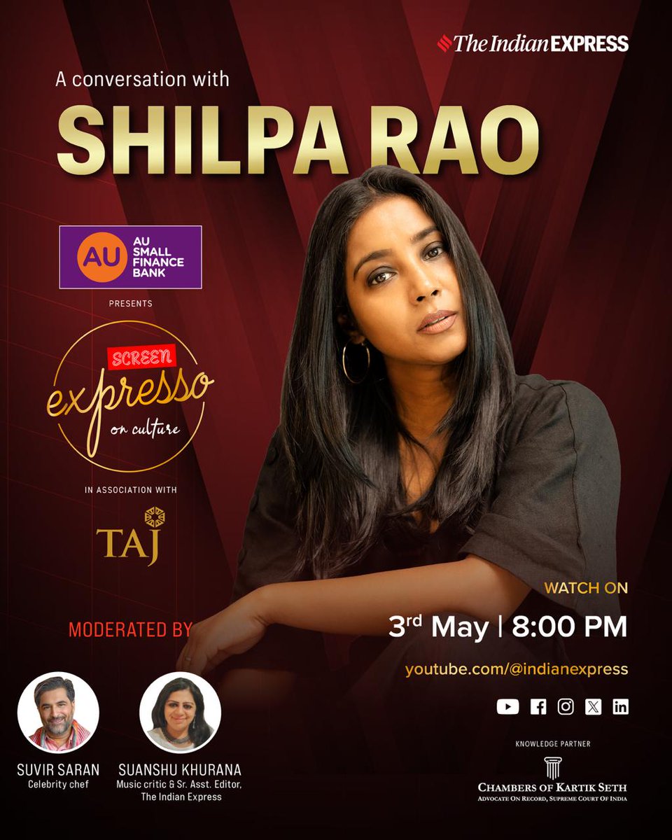 ieEntertainment's tweet image. #Expresso: SCREEN Expresso on Culture returns in style!

Celeb guest reveal: the ever so charming, National Film Awardee, Shilpa Rao🎤💫

An evening boasting a blend of music, art, and culture, elevated by conversations led by Suvir Saran and Suanshu Khurana.
All things refined,