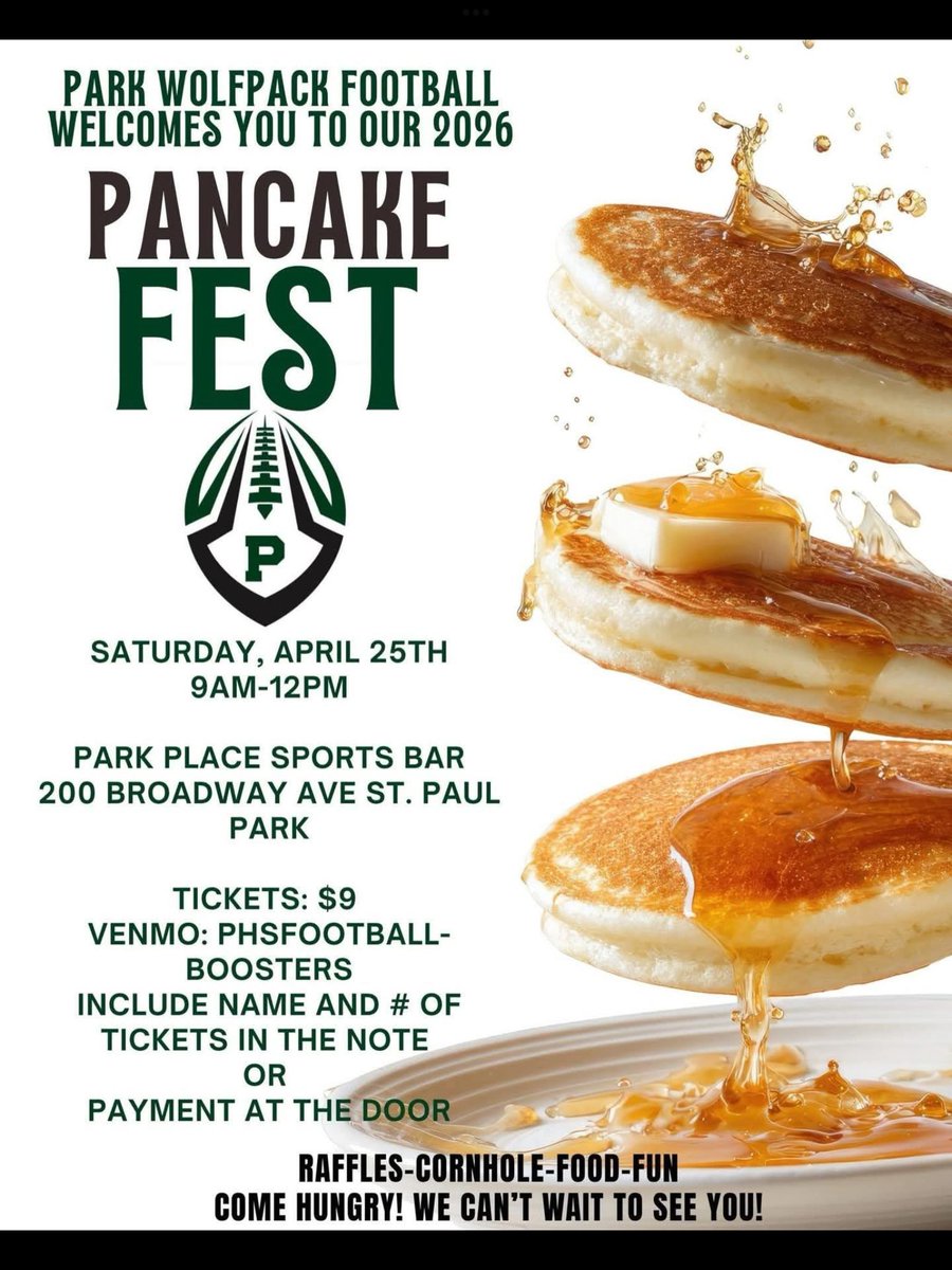 ParkPlace2's tweet image. When you wake up hungry tomorrow, remember Park Place Sports Bar has the 🥞 2026 Wolfpack Football PANCAKE FEST! 🥞9am-noon. #bags #cornhole #pancakes #eggs #sausage #bacon #raffles #cgaa #wolfpackfootball