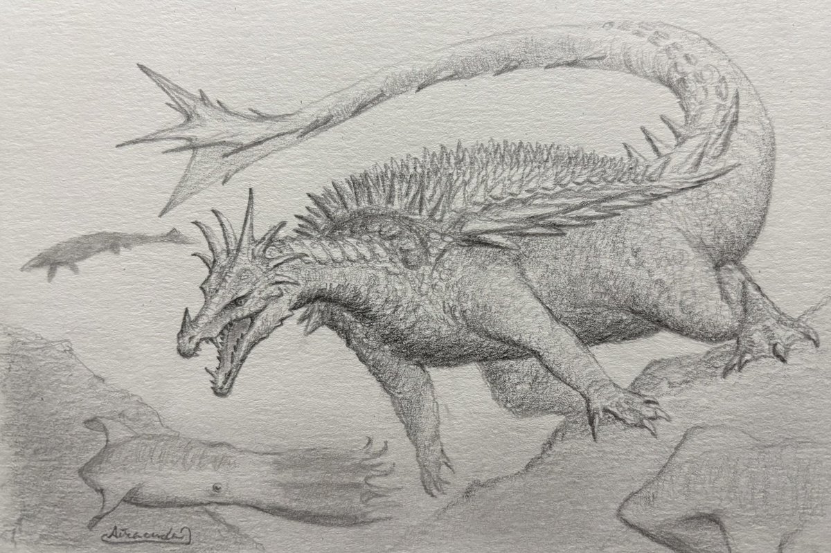 #アンギラスの日

横方向に海亀みたいに広がった甲殻、前後に長く伸びた顔と針のような乱杭歯、そして高い遊泳能力
アンギラス、実は半水棲・魚食メインの方向に進化した結果の姿だったのでは……？　という疑念をずーっと持ってます