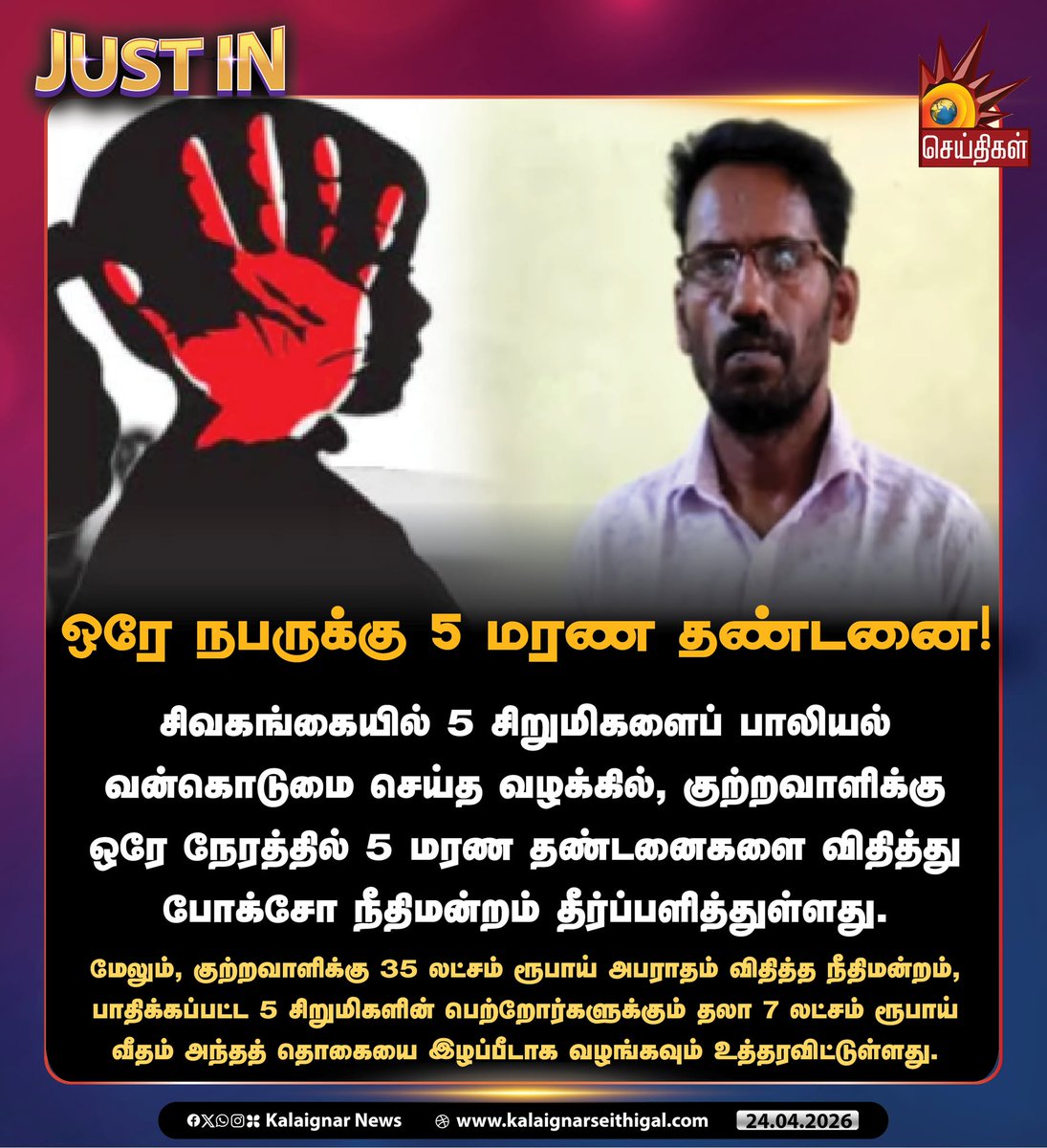 Kalaignarnews's tweet image. ஒரே நபருக்கு 5 மரண தண்டனை!

#Sivaganga #POCSO #kalaignarseithigal