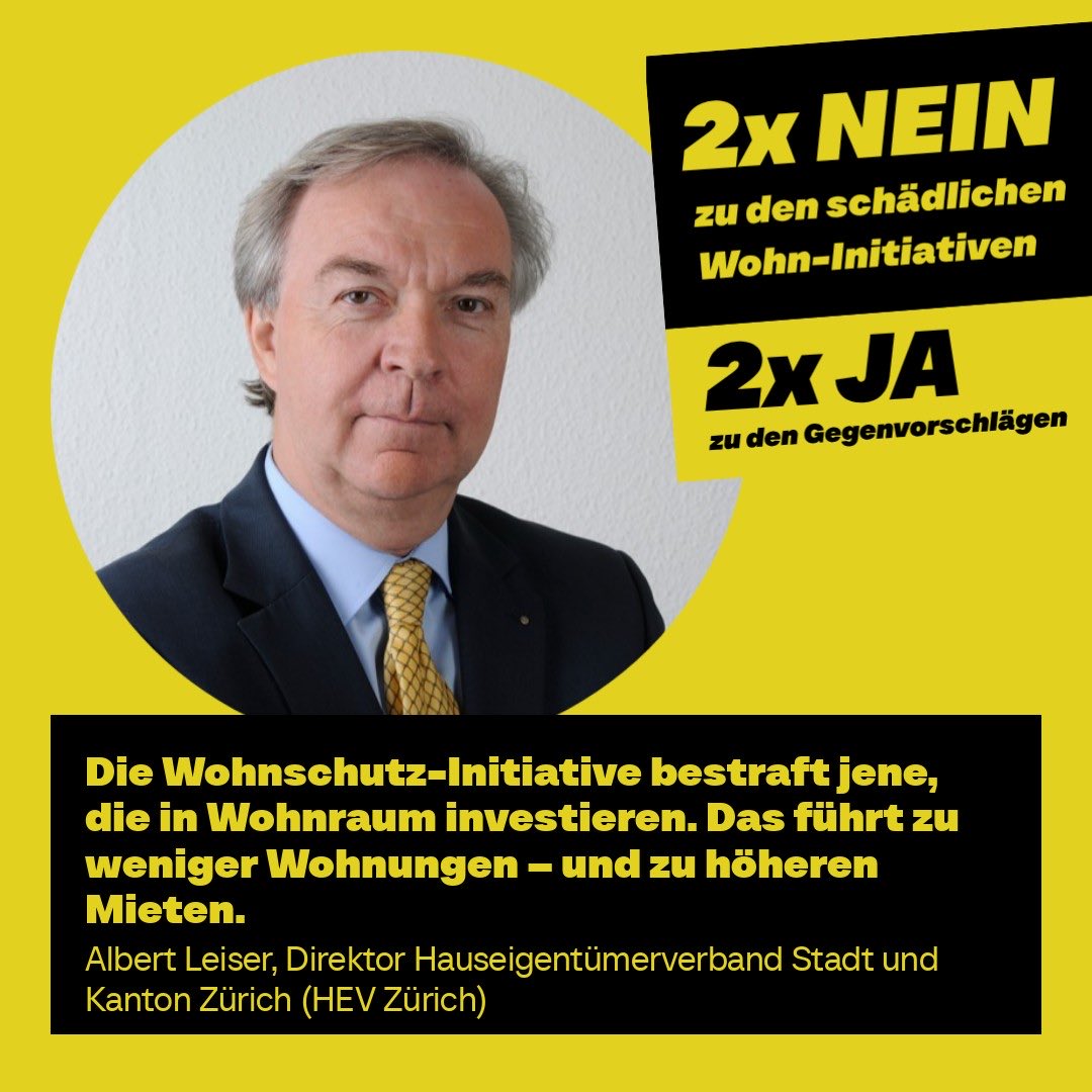 ✌️Wohn-Initiativen = ☝️grosses Problem:
Sie treffen jene, die überhaupt noch bereit sind, in Wohnraum zu investieren.
Das hat klare Folgen: Weniger Neubau, weniger Erneuerung 👉 weniger Angebot❗️
Deshalb am 14. Juni 2x NEIN zu den Wohninitiativen &amp; 2x JA zu den Gegenvorschlägen‼️