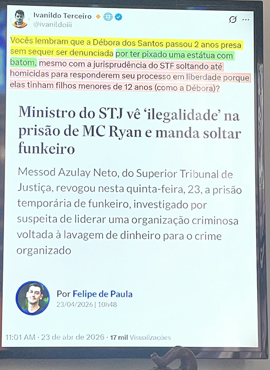 Débora dos Santos,2 anos de cafeia(Baton na estátua-DF) e aí vem um ministro do STJ vê ilegalidade, na prisão do MC RYAN por ação criminosa lavagem de dinheiro,cara Tem que acabar com tudo que STF STJ STE todos estão do lado do crime..