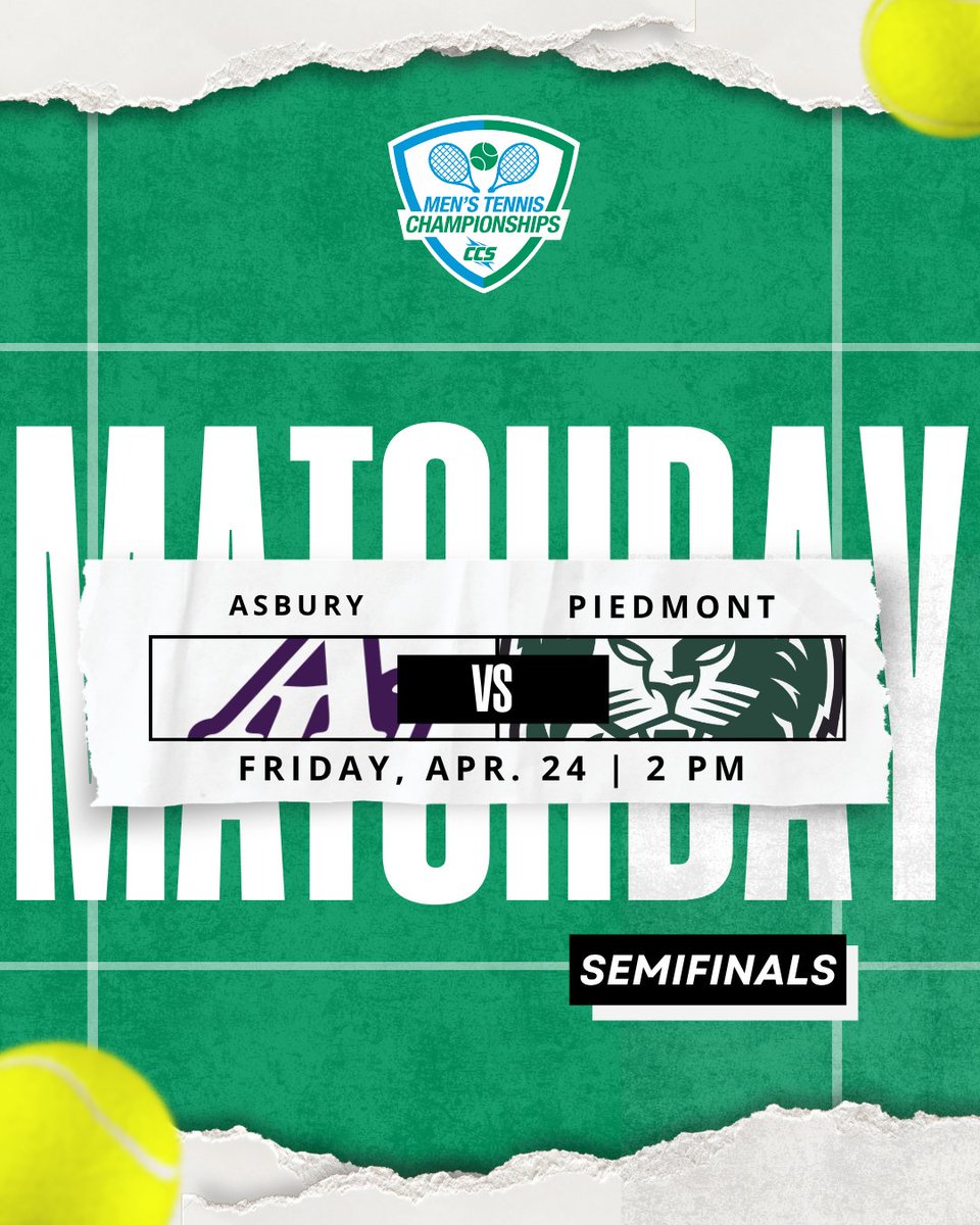CCofSouth's tweet image. Semifinals roll on 🔥🎾 as the men hit the courts this afternoon!

Today’s matchups:

No. 2 @covenantscots 🆚 No. 3 @mcscots

No. 1 @asburyeagles 🆚 No. 4 @piedmontlions

A spot in the finals is on the line… who’s advancing? 👀💪

#CCS | #CCSMTE | #CCSChampionships |