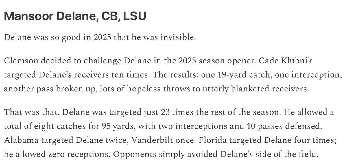 MattConnerAA's tweet photo. The great @MikeTanier had Mansoor Delane as his No. 1 overall prospect in the draft, and I loved this opener in his write-up. https://t.co/mEKMAJ6qyx https://t.co/LuNkBUa9Ay