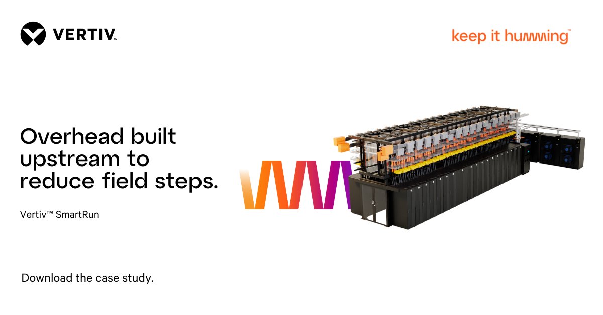 Vertiv_Matt's tweet image. Vertiv™ SmartRun arrives pre‑assembled for a single‑lift install, helping Compass Datacenters reduce deployment time as AI demand increases. Read how single‑lift, factory‑tested overhead shortens timelines: ms.spr.ly/6017vEcax

#EndToEndSystems #IntegratedSystems