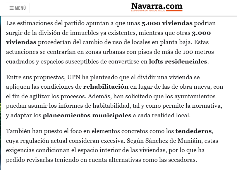 Este es el Plan de Vivienda de UPN: dividir casa en dos y habilitar bajos comerciales.

Esto es, vivir hacinados como chinches o en una tienda de barrio.

Y, por si no fuera poco, poner secadoras en vez de tendederos.

Desde VOX lo tenemos claro: liberalizar suelo, quitar trabas